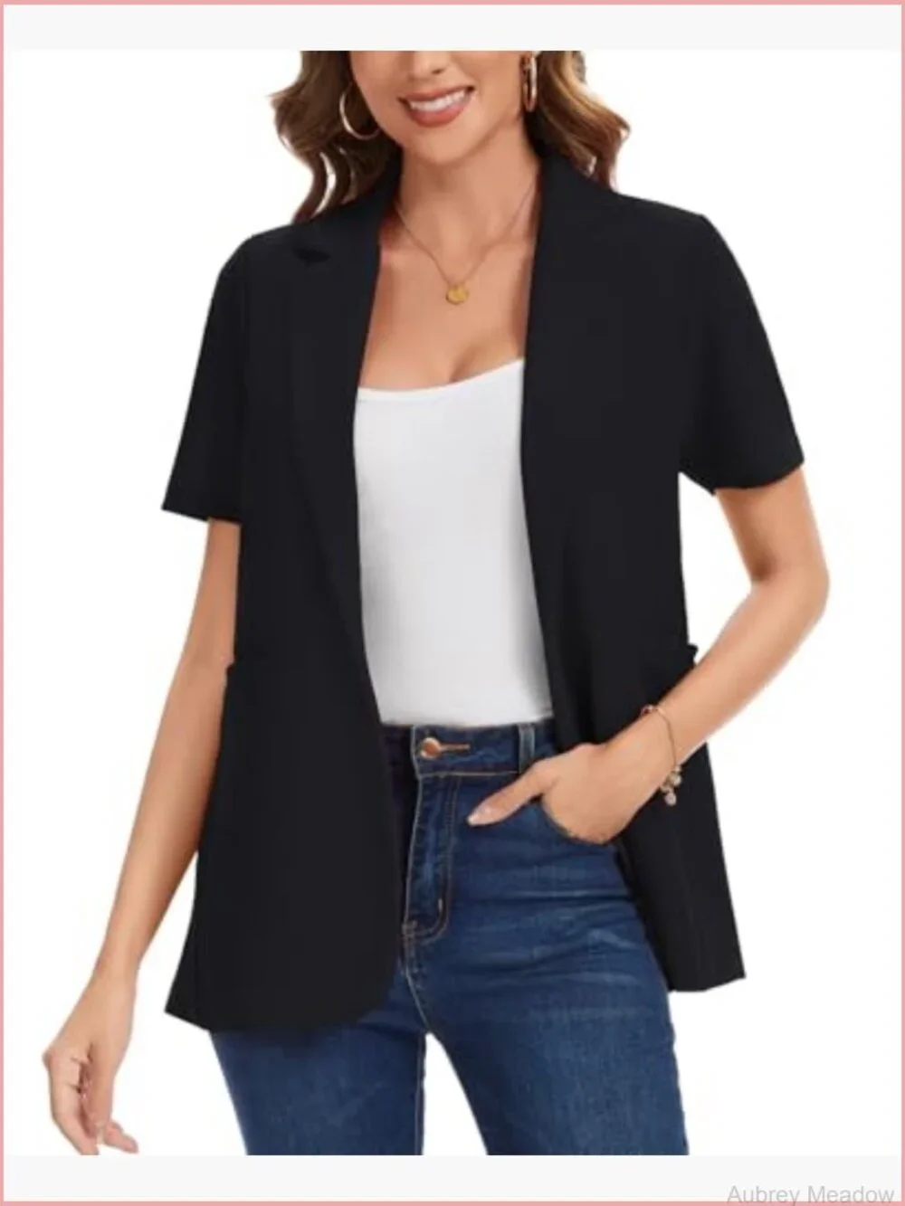 Short Sleeve Blazer Business Casual Notched Lapel Button Front Jacket Work